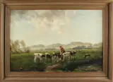 F. van Kregten, koeien, Fedor van Kregten 1871-1937, boerin met kalveren in weiland, olieverf op linnen 60x90cm
