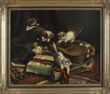 J. Hovener, spelende kittens, Hovener 1936, stilleven met spelende kittens, olieverf op linnen 50x60cm