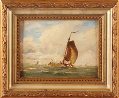 Hobbe Smith, tjank op water, Hobbe Smith, 1862-1942 zeilboten op meer, verso ook atelierstempel, olieverf op paneel 16x12cm