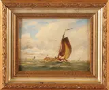 Hobbe Smith, tjank op water, Hobbe Smith, 1862-1942 zeilboten op meer, verso ook atelierstempel, olieverf op paneel 16x12cm
