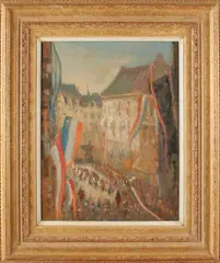 Jacobus Cornelis Wyand Cossaar, Nat. feestdag op het Noordeinde, Jan Cossaar 1874-1966 nationale feestdag op noordeinde, olieverf op paneel, 35x27cm