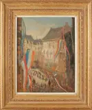 Jacobus Cornelis Wyand Cossaar, Nat. feestdag op het Noordeinde, Jan Cossaar 1874-1966 nationale feestdag op noordeinde, olieverf op paneel, 35x27cm