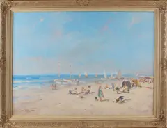 J.J.H. van Leeuwen, groot strandgezicht, J.J.H. van Leeuwen Den Haag, Hollands strandgezicht met vele figuren, olieverf op linnen 60x80cm