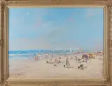 J.J.H. van Leeuwen, groot strandgezicht, J.J.H. van Leeuwen Den Haag, Hollands strandgezicht met vele figuren, olieverf op linnen 60x80cm