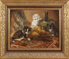 J.W. van Trirum, spelende kittens in interieur, J.W van Trirum 1924-2011, stilleven met poezen, olieverf op linnen 30x40cm