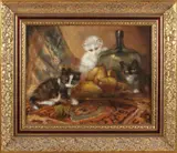 J.W. van Trirum, spelende kittens in interieur, J.W van Trirum 1924-2011, stilleven met poezen, olieverf op linnen 30x40cm