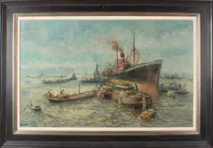 Evert Moll, Rotterdamse haven, Evert Moll 1878-1955 Hollandse school, havengezicht Rotterdam, olieverf op linnen 60x100cm