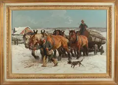 J. Stahn, trekpaarden met boomstammen, Peter Josef Stahn 1904-1997 Duitse school, paardengespan met boeren en hout, olieverf op linnen 75x50cm