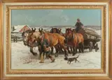 J. Stahn, trekpaarden met boomstammen, Peter Josef Stahn 1904-1997 Duitse school, paardengespan met boeren en hout, olieverf op linnen 75x50cm