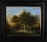 Thomas Heesakkers, bospartij, Thomas Heesakkers 20e eeuw, Romantisch bosgezicht met figuren en vee, olieverf op paneel 60x70cm