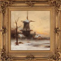 Philip Windt, winterlandschap, Philip Windt 1847-1921, 19e eeuw, windmolen met besneeuwd landschap, olieverf op paneel 40x40cm