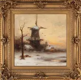 Philip Windt, winterlandschap, Philip Windt 1847-1921, 19e eeuw, windmolen met besneeuwd landschap, olieverf op paneel 40x40cm