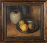 Hendrik Cornelis van Mourik, stilleven, H.C. van Mourik 1877-1944 stilleven met tin en fruit, olieverf op paneel 36x32cm