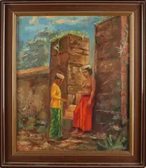 H. Ripatta?, Oosterse dames, Ripatta? omstreeks 1930, Oosterse vrouwen bij stenen poort, olieverf op paneel 48x58cm