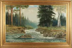 A. Houlstad, Noorwegen, Houlstad, omstreeks 1930, Zweedse school, bosgezicht bij waterval, figuur bij houten hut, olieverf op linnen 106x66cm