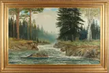 A. Houlstad, Noorwegen, Houlstad, omstreeks 1930, Zweedse school, bosgezicht bij waterval, figuur bij houten hut, olieverf op linnen 106x66cm