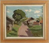 Wilhelm Skoglund, huisjes, Wilhelm Skoglund 1958 Zweedse school, expressief landschap met huizen, olieverf op linnen 55x46cm Cond:G