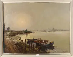 H. Welcher, boten met molen, Welcher omstreeks 1950, riviergezicht met haven en boten(craquele), olieverf op linnen 80x60cm
