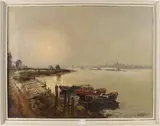 H. Welcher, boten met molen, Welcher omstreeks 1950, riviergezicht met haven en boten(craquele), olieverf op linnen 80x60cm
