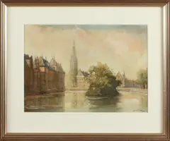 Germ de Jong, Binnenhof, Germ de Jong 1886-1967 Bergense school schilder, stadsgezicht Den haag, aquarel op papier 19x27cm