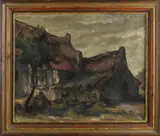 C.V. Kervel, zwarte periode, C. van Kervel '49, boerderij met rieten dak, olieverf op linnen 50x60cm