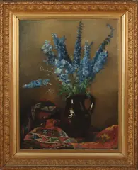 V. Voorthuizen, bloemstilleven, Henriette van Hove van Voorthuisen, 1861- keramieke vaas met seringen en perzisch kleed, olieverf op linnen 90x70cm