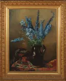 V. Voorthuizen, bloemstilleven, Henriette van Hove van Voorthuisen, 1861- keramieke vaas met seringen en perzisch kleed, olieverf op linnen 90x70cm