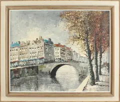 Simon Kramer, stadsgezicht, Simon Kramer 1946, stadsgezicht Amsterdam, olieverf op linnen 50x60cm
