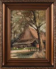 Peter Meurs, kapschuur, Peter Meurs (Almelo) Twenste kapschuur met kippen, olieverf op linnen 30x40cm
