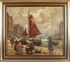 H. Haerendel, Hollands havengezicht met figuren, Harry Haerendal 1896-1991 Duitse school, stadshaven met figuren en visvangst, olieverf op paneel 60x70cm