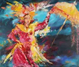 Slavica Sekuloski, dame met parasol, Slavica Sekuloski 2007 Belgrado-(Doetinchem) Balinese dame met parasol, acryl op linnen 120x101cm