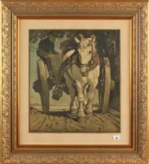 paardenkar by Julius Paul Junghanns, Julius.P Junghanns 1926, 1876-1958 Duitse school, boer op paardenkar, lithografie op papier 34x39cm, sold Jan 2017