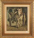 Julius Paul Junghanns, paardenkar, Julius.P Junghanns 1926, 1876-1958 Duitse school, boer op paardenkar, lithografie op papier 34x39cm