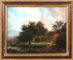 R. Mario, bosgezicht, Mario 21e eeuw, romantisch landschap, olieverf op paneel 20x24cm