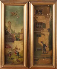 2x monogram, naar Spitzweg, omstreeks 1900, Twee x onduidelijk monogram Duitse school, 2 figurenvoorstellingen naar Carl Spitzweg, olieverf op linnen 60x20cm