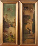 2x monogram, naar Spitzweg, omstreeks 1900, Twee x onduidelijk monogram Duitse school, 2 figurenvoorstellingen naar Carl Spitzweg, olieverf op linnen 60x20cm