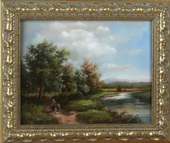 B. Larson, bosgezicht, Larson 21e eeuw riviergezicht met wandelaars, olieverf op paneel 20x24cm