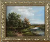 B. Larson, bosgezicht, Larson 21e eeuw riviergezicht met wandelaars, olieverf op paneel 20x24cm