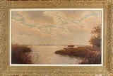 koeien bij meer by Onduidelijk gesigneerd, Onduidelijk gesigneerd omstreeks 1930, Hollandse school, koeien langs een rivier bij avond, olieverf op linnen 100x60cm, sold Jan 2017