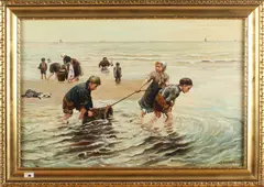 J. Veerman, kinderen op het strand, Veerman, omstreeks 1930, kinderen op het strand, olieverf op linnen 60x40cm