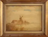 Fedor van Kregten, Schilderij, Fedor van Kregten 1871-1937, riviergezicht met molen, olieverf op linnen 26x19cm