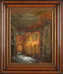 J. Messe, binnenhof met avondverlichting, Messe binnenhof met avondverlichting, olieverf op linnen 40x50cm