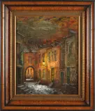 J. Messe, binnenhof met avondverlichting, Messe binnenhof met avondverlichting, olieverf op linnen 40x50cm