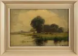 Fedor van Kregten, Landschap, Fedor van Kregten 1871-1937, landschap langs het water met paarden, olieverf op linnen 31x21cm