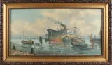 A.J. Groenwegen, Rotterdamse haven, Groenewegen omstreeks 1950 Rotterdamse haven, olieverf op linnen 80x40cm