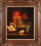 Tine Bergsma, stilleven, Tine Bergsma omstreeks 1900 stilleven met Jugendstillamp, olieverf op linnen 40x50cm