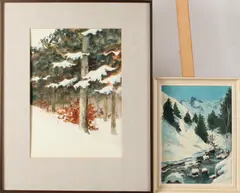 2 Werken, winter en ree, Aquarel en olieverf op pane