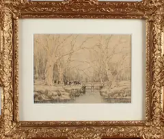 Arnold Marc Gorter, tekening, koeien aan sloot, Gorter 1866-1933 koeien langs een beek, tekening op papier 21x16cm