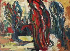 B. Brugman, bomen bij boerderij, Berry Brugman 1915-1996 Almelo, expressionistisch landschap, bomen en boerderij, olieverf op linnen 80x60cm