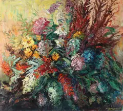 B. Brugman, stilleven bloemen (groot), Berry Brugman 1915-1996 Almelo, bloemenpracht, olieverf op linnen 80x90cm